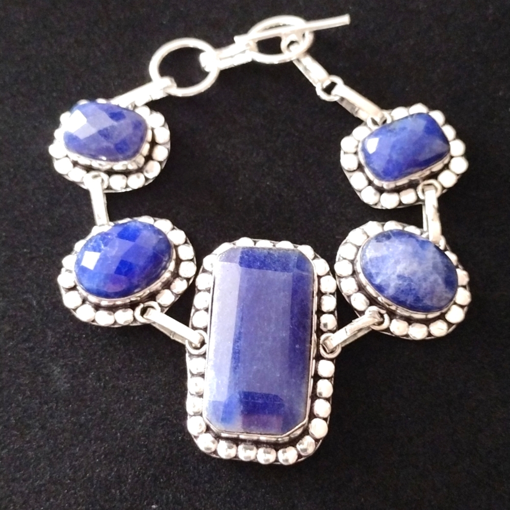 Simulated sapphire 5 facetted stones, handmade silver bracelet 6.5-7.25" NWOT